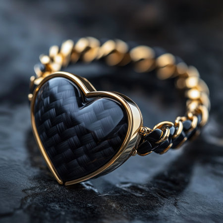 A stunning black and gold heart-shaped bracelet, crafted from exquisite carbon fiber with an elegant chain band that exudes luxury. The focus is on the romantic design, with the heart symbolizing passion and tenderness. The product photography is high-resolution, with professional color grading, soft shadows, low contrast, and a clean, sharp focus, giving it a magazine-worthy commercial appearance. --v 6.1 Job ID: 1e5738e1-7da3-4a43-a37c-c039f1370d99の素材