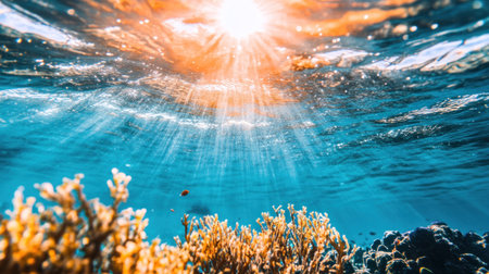A beautiful underwater scene with clear blue water, colorful coral reefs, and various sea creatures swimming around. The sunlight is shining through the surface of the ocean, creating gentle ripples in its waters. There's an atmosphere of tranquility, as if you were looking into another world filled with life and beauty. --chaos 30 --ar 16:9 --v 6.1 Job ID: 83ec55ce-4302-4cfd-99ad-08b4e8ed8431の素材