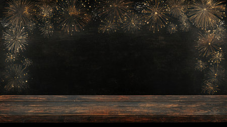New Year, New year atmosphere, fireworks on the left and right sides of an empty wooden table with black background, New years party decorations, fireworks in the air, fireworks sparklers, golden light spots, fireworks sparkler effect, festive lights, fireworks sparkles, New Year's Eve decoration, fireworks on both side corners of an old wood tabletop, black background, fireworks, sparklers, golden light effects, festive lights, fireworks sparks, New su0n new lea6on New suå¾åº Enchanting night sky, sparkling stars, fireworks blooming, fireworks sparks, starry shimmer, fireworks glow, fireworks spark basic --chaos 30 --ar 16:9 --v 6.1 Job ID: 3e19a656-7915-4fd9-9f2f-cb66873a5d18の素材