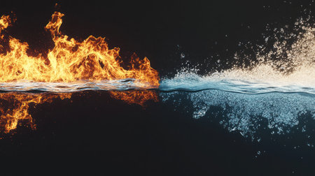 A horizontal banner with two parts, one on fire and the other in water. The flames should be vividly detailed, capturing their dynamic nature against a black background. Water elements like blue or teal reflections can create contrast to highlight both sides of the design. This border could evoke themes of passion, heat versus coldness, fantasy, or mythology. It would make an eye-catching element for web pages, social media posts, packaging, and so on. --chaos 30 --ar 16:9 --v 6.1 Job ID: 9140ace6-adbf-4eab-a10a-95429b9e2625の素材