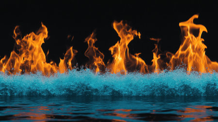 A horizontal banner featuring two rows of flames at the top and blue water splashes at the bottom, set against an all-black background. The left row is composed of vibrant orange fire with black edges, creating a contrast that highlights their heat effect. Below it lies a vertical line made up of shimmering blue liquid, providing a stark backdrop for text or design elements. This composition creates a striking visual representation of hot versus cold, symbolizing contrasting forces in art and nature. --chaos 30 --ar 16:9 --v 6.1 Job ID: 502e9e6d-c7cc-4196-90d3-df6956f36decの素材