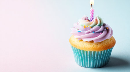 A cupcake with one candle, decorated in pastel colors against a soft blue and pink gradient background. The scene is captured from the front view to highlight its beauty. A single lit birthday candle adds an extra touch of celebration. --chaos 30 --ar 16:9 --v 6.1 Job ID: f9a74049-cdc3-4671-b0f5-b049d0289db6の素材