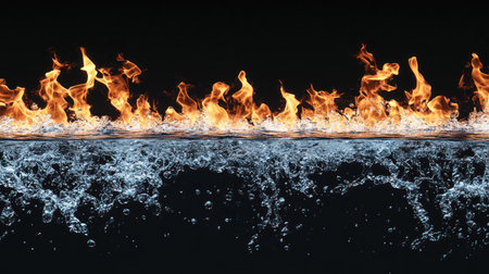 A horizontal banner featuring two rows of flames at the top and water splashes at the bottom, against a black background. The flame lines are red with yellow edges, creating an energetic effect. The water splatters are in blue and white colors. A realistic style captures details like smoke or sparks coming off the fire. --chaos 30 --ar 16:9 --v 6.1 Job ID: 81a9065b-2be8-4c62-9b33-5ccc195f2e18の素材