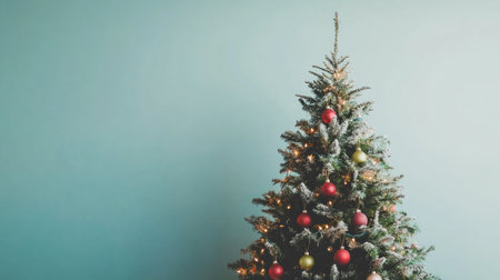 Christmas tree with colorful decorations on a blue background with bokeh lights banner. --chaos 30 --ar 16:9 --v 6.1 Job ID: 3e7dec31-c3d8-43d4-a1a3-c6ee936be154の素材