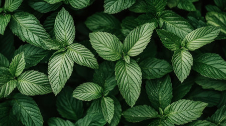 Close-up of vibrant green leaves with water droplets, symbolizing nature's beauty and the importance of natural materials for eco-friendly products. --chaos 30 --ar 16:9 --v 6.1 Job ID: 9527050c-d58a-4ccc-b7d6-5882fc1c9601の素材