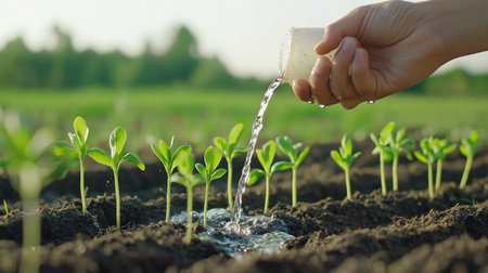 Hand-watering young seedlings on a green background, a banner for the environment and ecology concept with a hand pouring water onto a sprouting plant in a garden or farm, a symbol of sustainable development, hope, life, and the good nature of the world, an idea representing growth and new beginnings. Stock photo with space for text, in a realistic, professional photography style. --chaos 30 --ar 16:9 --v 6.1 Job ID: 64cd61dd-0915-4b0b-a8d0-d402184e6f54の素材