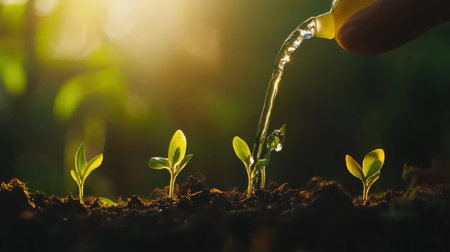 Hand-watering young seedlings on a green background, a banner for the environment and ecology concept with a hand pouring water onto a sprouting plant in a garden or farm, a symbol of sustainable development, hope, life, and the good nature of the world, an idea representing growth and new beginnings. Stock photo with space for text, in a realistic, professional photography style. --chaos 30 --ar 16:9 --v 6.1 Job ID: 64cd61dd-0915-4b0b-a8d0-d402184e6f54の素材