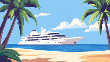A white cruise ship at the beach with palm trees and blue water. A luxurious vacation scene with clear skies. --chaos 30 --ar 16:9 --v 6.1 Job ID: 70e7e3a1-2073-4009-baf0-aa1f43e1a1f1の素材