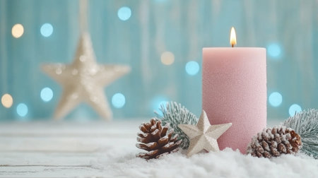 Christmas background with a pink candle, star, and pine cones on snow in front of blue bokeh lights. Christmas card template for design. --chaos 30 --ar 16:9 --v 6.1 Job ID: 362786f8-9706-494a-a308-78cac48b5ef1の素材
