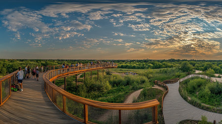 A panoramic view of the skywalk, showcasing its long length and winding design as visitors move along it in all directions. The platform is made from wooden planks with metal railings, offering stunning views over the lush greenery below. In the distance lies an expansive landscape stretching to the horizon under a cloudy blue sky. A group stands at one end taking photos while others look out towards the distant mountains. --chaos 30 --ar 16:9 --v 6.1 Job ID: 41a19688-80be-40b0-91d5-7c220c2ad71aの素材