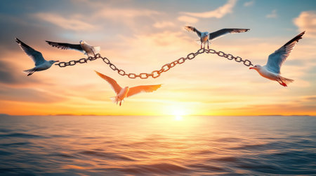 A broken chain breaking free and flying away with birds in the sky at sunset, symbolizing freedom from the shackles of the past. The background features a natural landscape. This conceptual illustration represents the idea of singularity and the concept of breaking free. The power to break chains and fly like seagulls into the beautiful sunshine, with bright colors and a high-resolution, professional studio shot. --chaos 30 --ar 16:9 --v 6.1 Job ID: 9d25b072-ba87-4128-a2f4-648ce36bfef3の素材