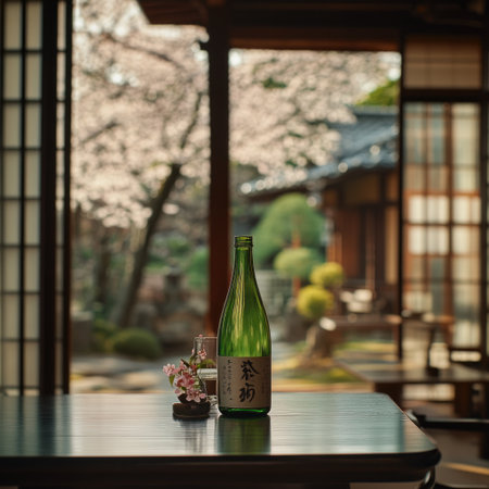 A bottle of green wine on the table, with cherry blossoms blooming outside and traditional Japanese-style wooden doors in the background. The scene is captured using Canon EOS R5 cameras, with a wide-angle lens capturing the entire room. Soft natural light illuminates the interior space, creating an atmosphere filled with Zen tranquility, in the style of a traditional Japanese painting. --v 6.1 Job ID: c29dc206-1c3a-4f5c-90dd-1d2a8a7412f6の素材