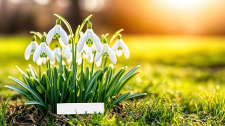 A close-up of snowdrops growing in the grass, with a blurred background that suggests an early spring meadow. The flowers have white petals and greenish-yellow patterns on their stamens. Sunlight filters through the leaves, creating dappled light across them. A banner in the bottom left corner provides space for text or a logo. --chaos 30 --ar 16:9 --v 6.1 Job ID: cf52d919-f24c-417d-926b-b911eda036b6の素材