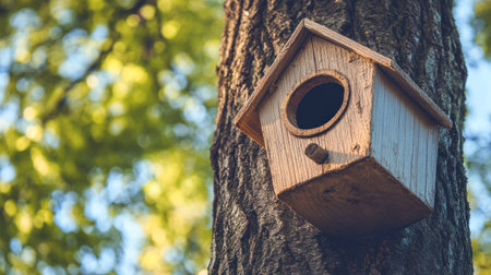 A wooden birdhouse in the forest, with a banner that has a copy space area. Captured with a DSLR camera. --chaos 30 --ar 16:9 --v 6.1 Job ID: 310d48af-1012-4d97-8062-dca7de3e0210の素材