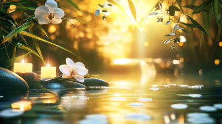 A serene spa background with bamboo, orchids, and candles, perfect for wellness-themed designs. The focus is on the calming effect of natural elements like green leaves and water reflections. A peaceful atmosphere creates an ideal setting to showcase body massage or beauty products. This image can be used in graphic design projects related to relaxation and self-care. --chaos 30 --ar 16:9 --v 6.1 Job ID: a271c8a1-cdc9-4047-94eb-2f6f77311753の素材