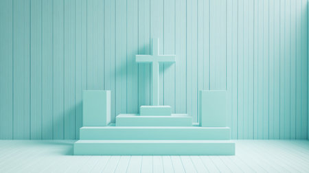 Blue background with minimalistic geometric shapes of a cross and a cube, 3D rendering illustration, simple, minimalism, flat design, blue color, high resolution. --chaos 30 --ar 16:9 --v 6.1 Job ID: f778e66d-8ae9-4be9-af76-46d8c3359e18の素材