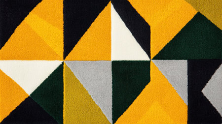 Design an intricate geometric pattern with symmetrical triangles and squares in shades of mustard yellow, gray, olive green, white, and black for tile decoration. The design should have multiple rows of shapes to create depth and visual interest. --chaos 30 --ar 16:9 --v 6.1 Job ID: 6afdcc75-9ca2-4695-830a-3c198834ff63の素材