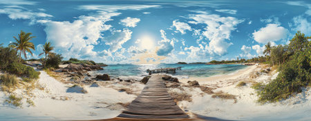 Panoramic photograph of an exotic island with white sand and turquoise water, a wooden pier leading to the beach on the horizon, a sunny day, palm trees, and a blue sky. Ultra-realistic photography. --ar 77:30 --v 6.1 Job ID: a9f4a285-a834-4139-89cd-508c71d20463の素材