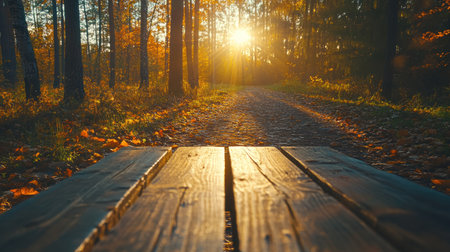 A wooden table set against an autumn backdrop of colorful leaves and sunbeams. --chaos 30 --ar 16:9 --v 6.1 Job ID: 7528119e-143b-4a5a-a094-b2aa1e35a9a7の素材