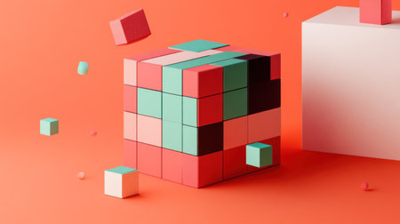 A simple isometric cube made of colorful cubes on an orange background, with some other small cubes scattered around it. The scene includes three different color blocks and two white walls in the background. In the style of minimalism, the colors should be bright and vibrant. --chaos 30 --ar 16:9 --v 6.1 Job ID: d6123b99-f74f-492c-80eb-454eb4dfd935の素材