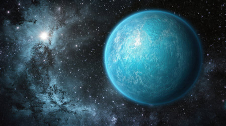 A blue, glowing planet Earth is centered in the foreground, with stars and space in the black background. The light from the Earth illuminates the surrounding dark space. A small star shines on top of it. --chaos 30 --ar 16:9 --v 6.1 Job ID: f568e91f-8189-4416-9201-aa219ac01268の素材