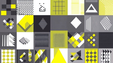 Macadam-inspired seamless pattern, various geometric patterns in olive green and grey with accents of yellow and white, inspired by Art Deco style, reminiscent of Moorish tiles from the early 20th century. --chaos 30 --ar 16:9 --v 6.1 Job ID: be15f0e6-8305-4f2c-a1c1-f0132a63ebf6の素材