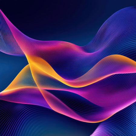 A blue background with colorful neon waves, flowing lines, and gradients of purple, pink, yellow, and orange. Hyper-realistic, close-up, with dark gray, indigo, and dark azure hues. High resolution. --v 6.1 Job ID: b320c5cf-299f-456f-a226-a7cd09926c23の素材