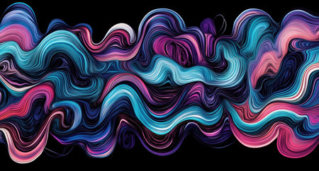 A dynamic and colorful digital art piece featuring an array of flowing lines in shades of blue, purple, teal, and pink against a black background. The lines create intricate patterns that resemble thin wires or cables, giving the impression they form complex structures or connections. This artwork is designed to evoke the feeling of being inside a futuristic technological world with vibrant colors and intricate designs. It's perfect for creative projects where color is key! --ar 28:15 --v 6.1 Job ID: 4d3fa297-ce61-4b1c-bab2-a160f8321021の素材