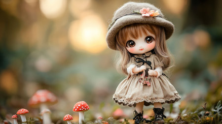Cute anime doll style, deer girl wearing hat and dress made of felt fabric in the woods with mushrooms and flowers, sharp focus, soft lighting, surreal concept art, pastel colors, super cute chibi kawaii, ultra realistic photography --chaos 30 --ar 16:9 --v 6.1 Job ID: b4f7be90-2aa7-4faa-8bf5-58109b273d9cの素材