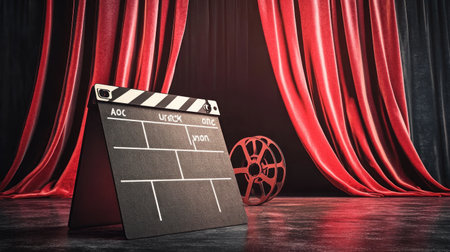 Photo of a clapperboard and film reel on an empty stage with velvet curtains in the background. Web banner with copy space on the right. --chaos 30 --ar 16:9 --v 6.1 Job ID: 690d6dac-db4c-40aa-a1f0-cfdac5ac0962の素材