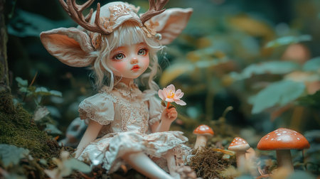 Cute girl with deer antlers, chibi style, forest background, pastel colors, kawaii aesthetic, tilt-shift lens effect, soft focus, bokeh, in the woods, sitting on moss and mushrooms, holding flower, wearing cute hat, anime doll face expression, detailed hair texture, soft lighting, dreamy atmosphere, natural sunlight, pastels, pink blush , brown hues, green foliage, adorable toy-like features, Kung Fu Panda-inspired outfit, adorable pose. --chaos 30 --ar 16:9 --v 6.1 Job ID: 029cd779-f470-4ccd-989a-428ae19207c2の素材