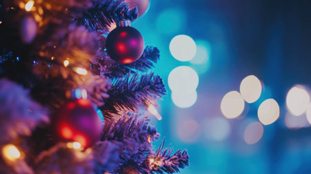 Christmas tree with colorful decorations on a blue background with bokeh lights, wide format. --chaos 30 --ar 16:9 --v 6.1 Job ID: 5a0c352d-d8ac-462f-9612-1dcafc227a88の素材