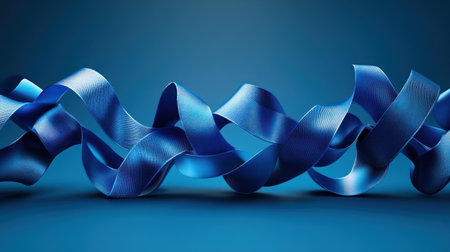 Blue ribbon, curved shape, flat design, simple background, high resolution, professional photography. High-quality 3D rendering of blue ribbons with soft edges floating in the air on a solid-color background. The ribbons create an elegant and dynamic pattern that adds depth to the composition. This image is suitable for various creative projects like graphic designs or digital illustrations. --chaos 30 --ar 16:9 --v 6.1 Job ID: cf22a36e-3b65-4894-9059-03edbdc0ce65の素材