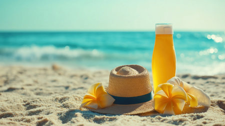 Sunny summer background with beach accessories and copy space, blue sea in the background. --chaos 30 --ar 16:9 --v 6.1 Job ID: e6d3baaf-8bcf-4ff1-80de-e6058e9fe7e8の素材