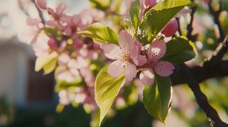 A close-up of delicate pink cherry blossoms, with soft focus on the background, creating an ethereal and serene atmosphere. The petals have intricate patterns, while the leaves add depth to their beauty. This photo was taken using a Canon EOS R5 camera with a macro lens at an f/2.8 aperture for sharpness and detail capture. --chaos 30 --ar 16:9 --v 6.1 Job ID: f04d2c15-a6de-47f0-97e0-6e544deb9a3cの素材