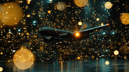 Photo of an airplane flying over the city, with blurred lights in the background. --chaos 30 --ar 16:9 --v 6.1 Job ID: c83c22d3-d7a6-4aab-884e-64c370eb53d3の素材