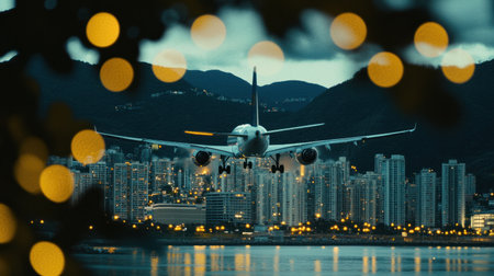 Realistic stock-style, high-resolution photograph of an airplane flying over a city, taken from behind with a bokeh effect in the background. The plane is white and has black wheels, flying above water at dusk. In front of it, blurred lights create bokeh effects on the buildings along its path. This shot should capture the motion blur of the flight as well as the silhouette against the twilight sky. --chaos 30 --ar 16:9 --v 6.1 Job ID: 51c0dd67-d5e9-43f5-b779-3f9f4d0fa7aeの素材