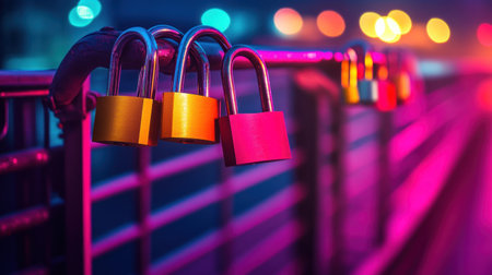 The concept of love and romance with heart-shaped locks on the bridge, vibrant colors, and sun rays creating an atmosphere of passion and affection. A background banner for text or design, a close-up of padlocks in various shades of pink, red, purple, yellow, and orange against a blurred background of warm tones, symbolizing diversity and happiness, with copy space, in banner format. --chaos 30 --ar 16:9 --v 6.1 Job ID: 75f0fb20-723e-4634-8aa6-94eab58d884dの素材