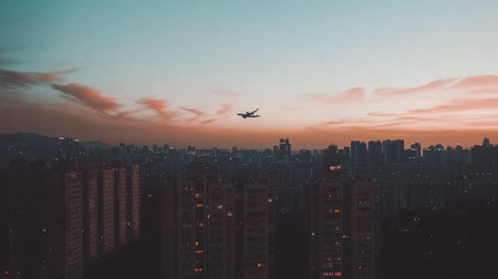 Photo of an airplane flying over the city, with blurred lights in the background. --chaos 30 --ar 16:9 --v 6.1 Job ID: c83c22d3-d7a6-4aab-884e-64c370eb53d3の素材