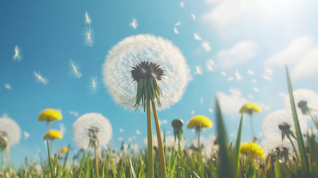 Dandelion seeds blowing in the wind on a blue sky background, a banner design. Dandelion flowers with flying seeds against the bright sunlight and clear sky. --chaos 30 --ar 16:9 --v 6.1 Job ID: f77d7ea1-3022-412f-954c-9da6b0fde2adの素材