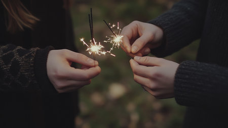 Festive New Year concept with people holding sparklers in their hands on a dark green bokeh background, banner design. Captured with a Nikon D850 and a 24-70mm f/2.8 wide-angle lens in the best natural light from the evening sun, using Kodak Gold 400 film quality. --chaos 30 --ar 16:9 --v 6.1 Job ID: eb6ba0c3-187b-419a-b6ce-98d6acaf7582の素材