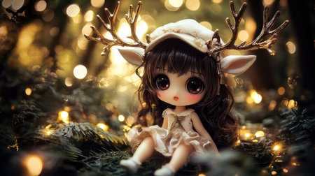 Cute girl with deer antlers, chibi style, sitting in the forest, pastel colors, soft lighting, bokeh effect, depth of field, cute outfit, brown eyes, anime doll, cute hat, forest background, soft focus, natural light, adorable pose, warm tones, dreamy atmosphere. --chaos 30 --ar 16:9 --v 6.1 Job ID: 4b2ae19b-adce-4f7e-af40-37ddd888515dの素材
