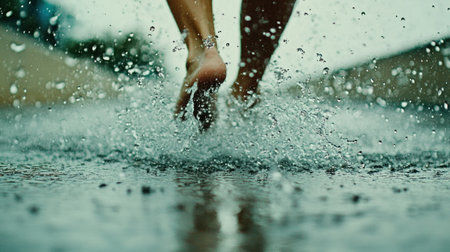 A rainy day background with an umbrella and raindrops falling on the ground, creating splashes of water in the air. The focus is blurred to emphasize the beauty of nature's weather pattern. This stock photo captures the essence of spring or summer, offering copy space for text or graphics. --chaos 30 --ar 16:9 --v 6.1 Job ID: 017faee6-2484-422d-acc1-0dbc552a9f2bの素材