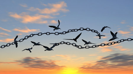 The broken chain breaking free, birds flying towards the sky, a sunrise background, symbolizing freedom and new beginnings. The concept of a presidential transition and conveys hope for transformation in their lives. A visual representation of people breaking chains to force their way through a beautiful sunrise sky, surrounded by soaring seagulls, symbolizes inner strength or peace as they get rid of the heavy weights that chained them down, finding freedom and lightness. --chaos 30 --ar 16:9 --v 6.1 Job ID: 0df2dfc0-fcb3-4453-8260-833c58d323acの素材