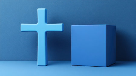 Blue background with minimalistic geometric shapes of a cross and a cube, 3D rendering illustration, simple, minimalism, flat design, blue color, high resolution. --chaos 30 --ar 16:9 --v 6.1 Job ID: f778e66d-8ae9-4be9-af76-46d8c3359e18の素材