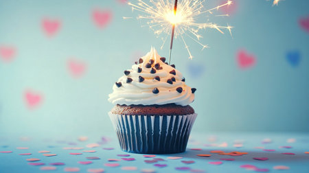A cupcake with white frosting and chocolate chips on top, illuminated by sparklers against an isolated background of hearts. The setting is a blue table surface with scattered confetti for the New Year's celebration. --chaos 30 --ar 16:9 --v 6.1 Job ID: 46bf1230-b5ba-4a72-9de0-52847e0c6c7dの素材