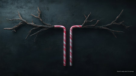 A minimalistic, flat-lay photograph depicting a Christmas tree made of branches in the shape of a loading bar. The text "Gin Pastel candy cane Christmas" is displayed on the loading bar against a dark background, in a minimalistic style. --chaos 30 --ar 16:9 --v 6.1 Job ID: 41bf2bcd-0a6e-4dc0-8250-efa5a9fdbe9dの素材