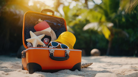 Tropical beach background with an open suitcase full of summer vacation accessories and on the sand, with copy space for text. Travel concept banner panorama. --chaos 30 --ar 16:9 --v 6.1 Job ID: 642ba460-1714-4754-bbe1-f4c5dbe17435の素材