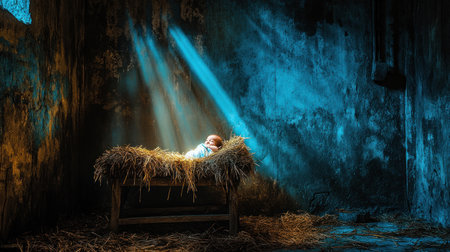 A small manger filled with hay and a newborn baby in the center, illuminated by rays of light from above. The background is a dark brown with blue highlights. There are no other people or animals present. --chaos 30 --ar 16:9 --v 6.1 Job ID: fe7e385e-9f06-4d62-8252-367f8e64c881の素材