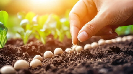 Hand-planting seeds in soil with a green background and sunlight. Beams of the plant sprouting on the land, a concept for global environmental day or ecology, organic farm food industry, close-up view. High-resolution photography, realistic photo details, stock photos, stock images, professional color grading, soft shadows, low contrast, clean sharp focus, depth of field, film grain, natural lighting, natural colors. --chaos 30 --ar 16:9 --v 6.1 Job ID: 42ac48fb-6773-4f96-8ef2-24ef005808ecの素材